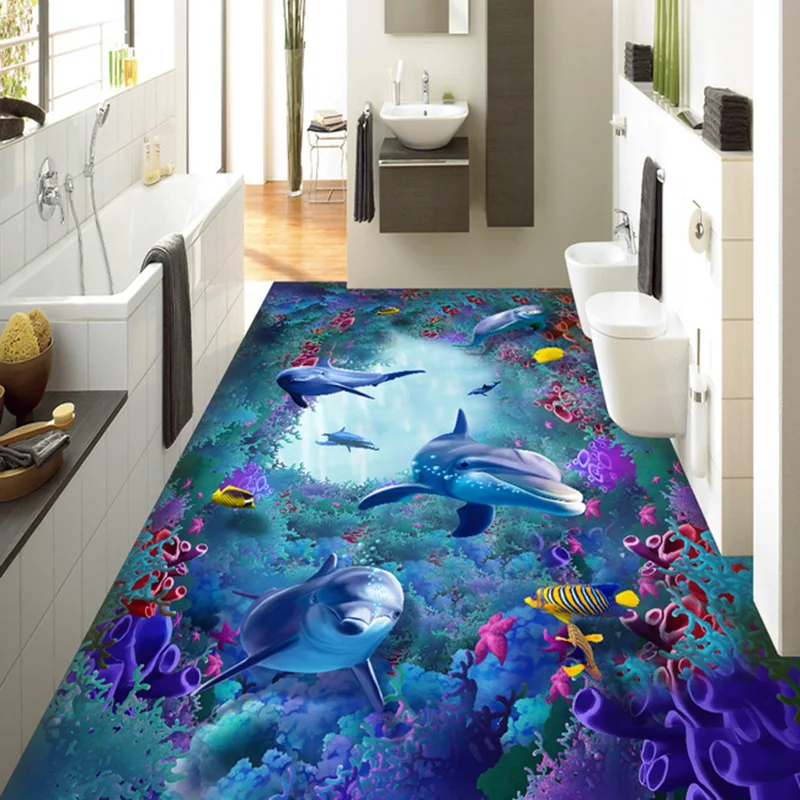 

Custom 3D Floor Tiles Wallpaper Marine World Seaweed Coral Dolphin Murals Sticker Kids Bedroom Living Room PVC 3D Flooring Mural