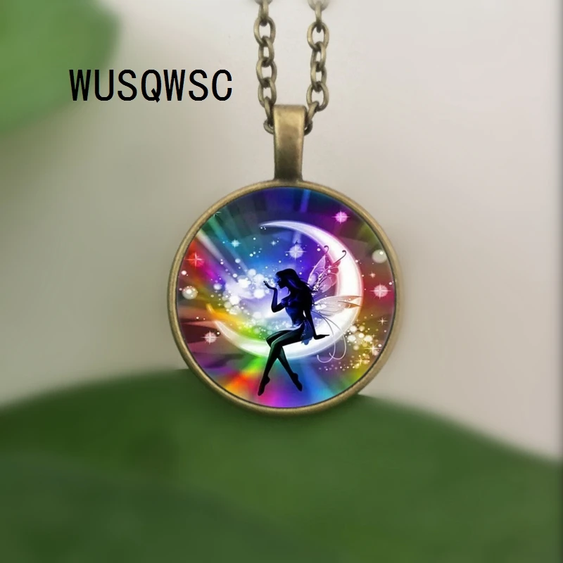 WUSQWSC Радужная Фея фото тибетский серебряный Кабошон стеклянный кулон цепочка