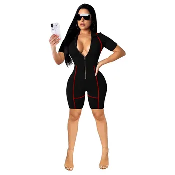 

Deep V Neck Bodycon Women Rompers Casual Short Sleeve Zipper Playsuit Solid Workout Push Up Overalls