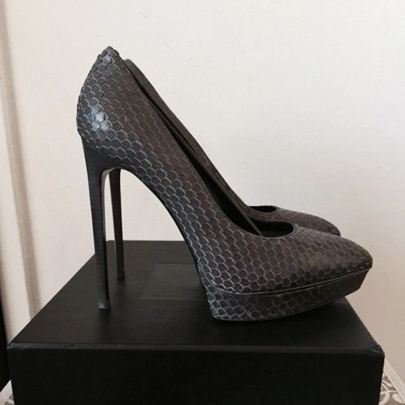 

Spring Women Genuine Leather Slip on Pump Platform Super High Heels 12.5cm Lady Shoe Snakeskin Pointed Toe Women Single shoes