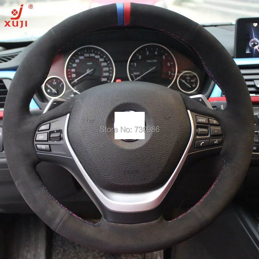 XuJi Black Suede Steering Wheel Cover for BMW F30 320i 328i 320d F20in