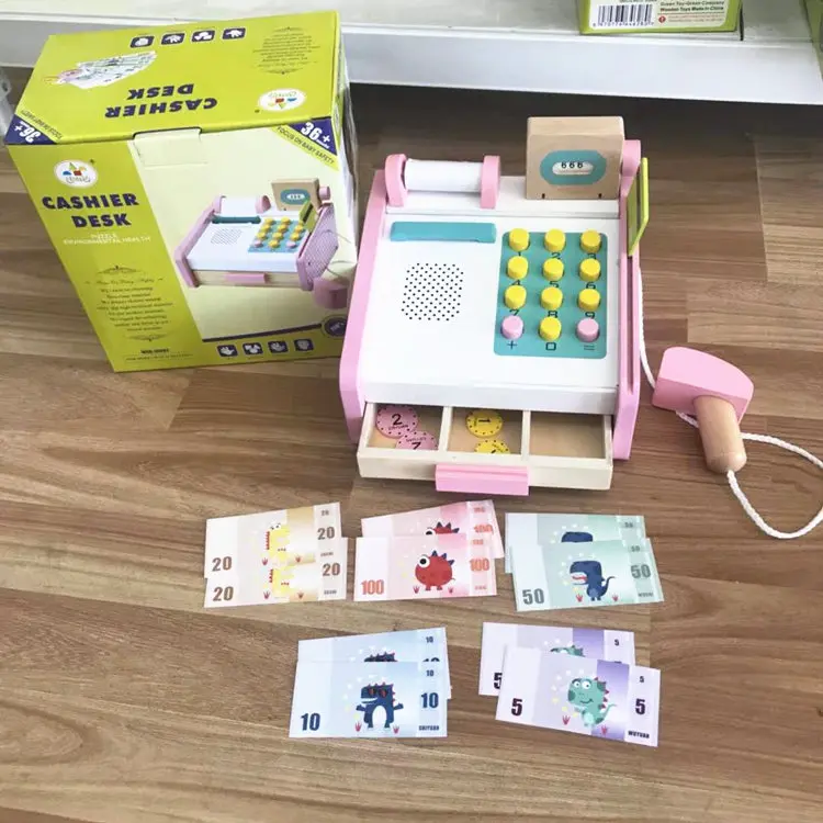  Pink Simulation Cash Register Wooden Toys For Kids Montessori Educational Toys Cashier Desk Baby To