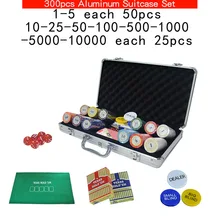 100~500Casino Texas Clay poker chips set Las Vegas Pokers Aluminum Suitcase with Playing cards&Dices&Dealer Buttom& Cloth