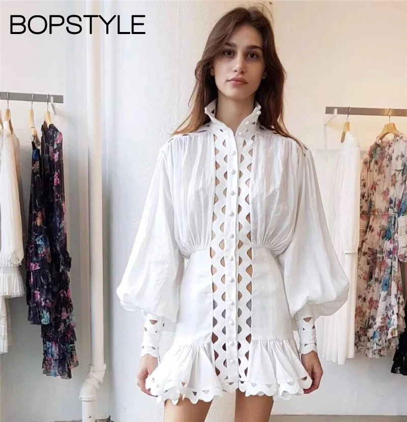 

2019 Top Linen & Cotton White Vintage Embroidered Hollow Out Water-soluble Applique Button Front Mini Dress With Puff Sleeve