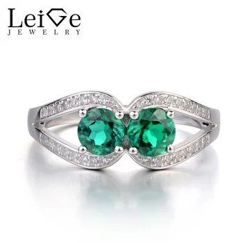 

Leige Jewelry Emerald Engagement Ring Sterling Silver 925 Two Stone Ring Round Cut Green Gemstone Jewelry Split Band