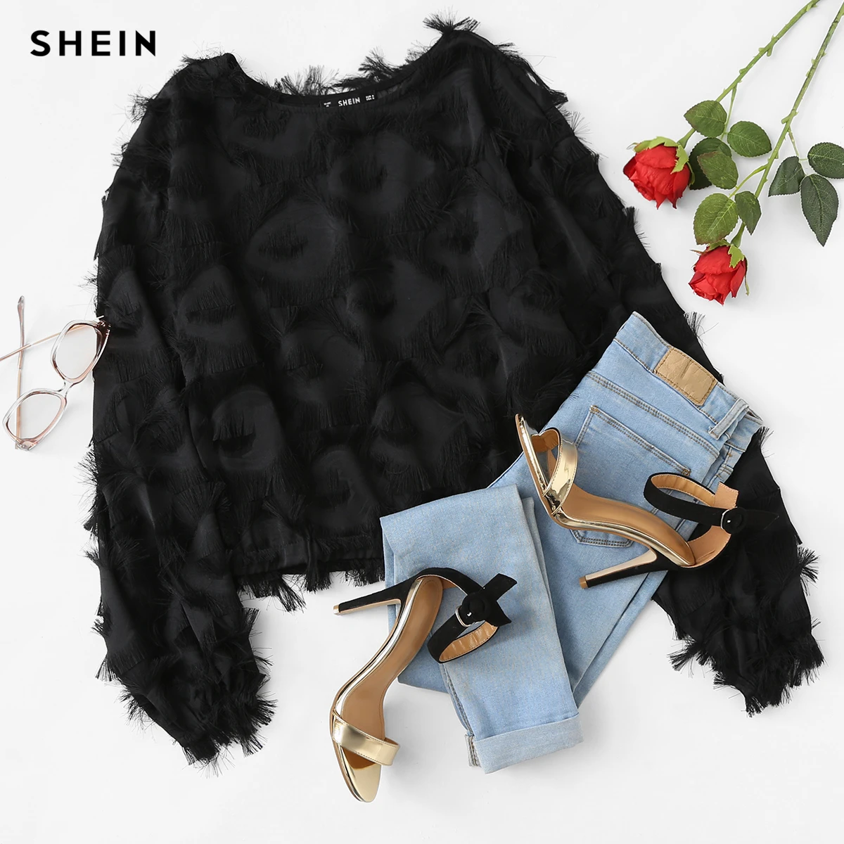 SHEIN, топ с бахромой, сетчатый топ, сексуальные осенние женские топы и блузки, черные, с длинным рукавом, круглый вырез, элегантные женские топы