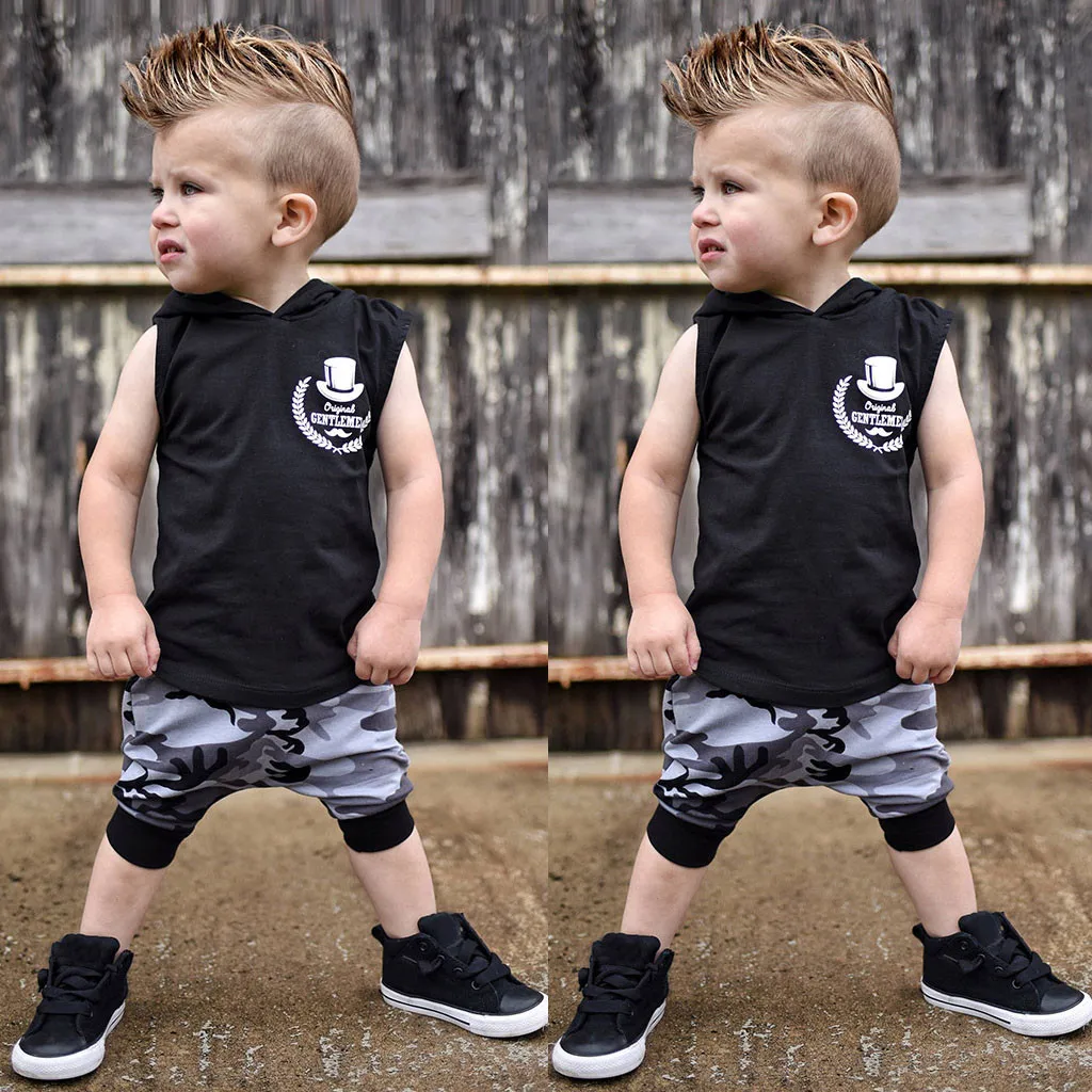 

Baby Boy Clothes Summer Children Clothing Cartoon Suit Toddler Kids Outfits Letter Print Hooded Vest Tops+Camouflage Pants Set