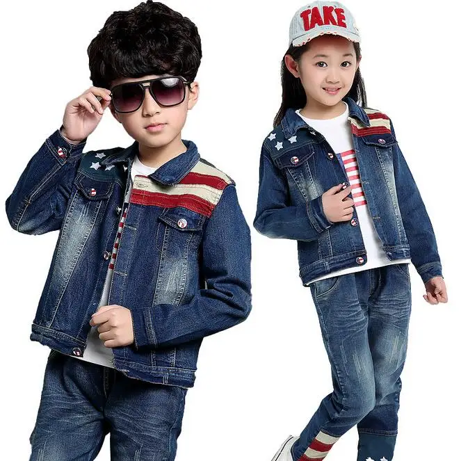 

Vogue Print Sets Of Clothes For Girls And Boys Turn-down Collar Disfraz Infantil Three-piece Girl's Jeans Denim Costume For Boy