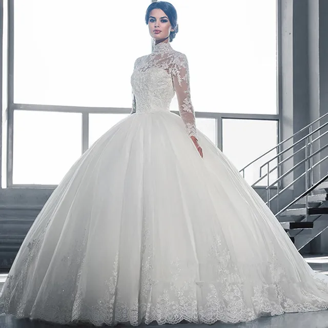 2017 New Style Beautiful White Ball Gown Wedding Dress Lace Sheer 2017 New Style Beautiful White Ball Gown Wedding Dress Lace Sheer Neckline Long Sleeve Tulle