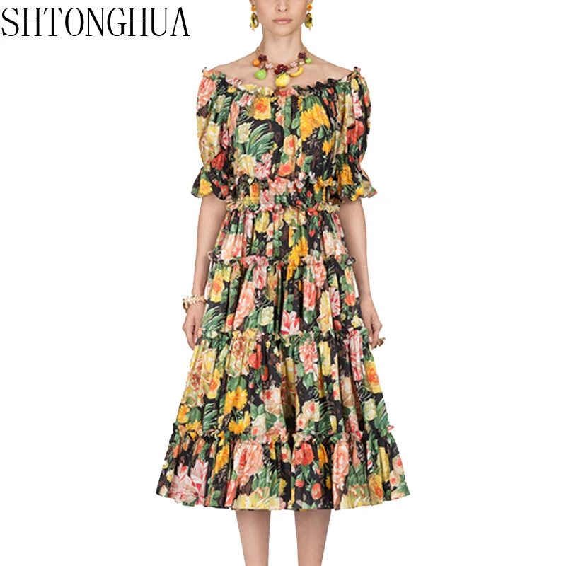 

SHTONGHUA 2019 Runway Designer Women Dress Summer Off Shoulder Chiffon Flowers Print Dress Elastic Waist Slash Neck Vestido