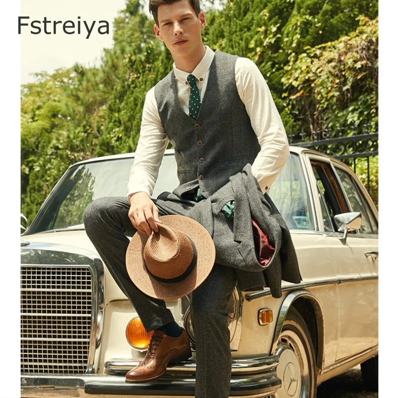 Custom made wool men slim fit suits for wedding tailored tweed suit with pants men groom clothes latest coat pant design 3 piece
