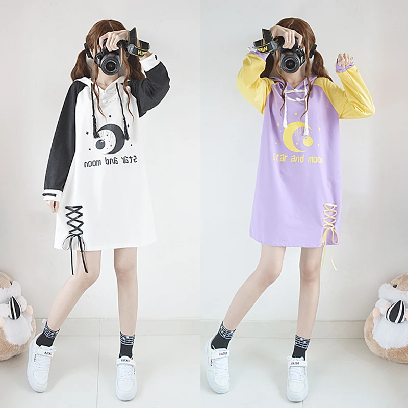 

Star And Moon New Autumn,Winter Patchwork Dress Pullovers Long Sleeve Lace-up Bow Trim Hooded Hoodies Cool