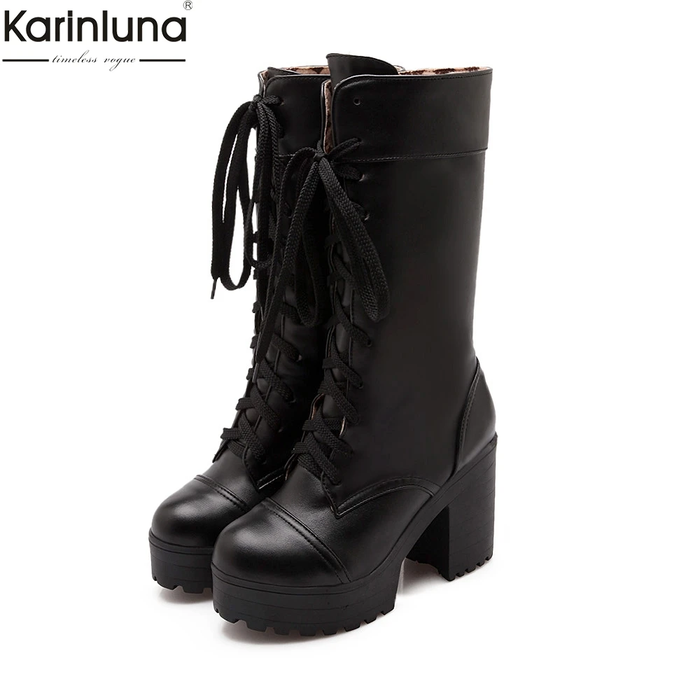 

Karinluna brand new dropship big size 34-43 square high heels mic-calf Boots Women Shoes winter add fur platform Woman Boots