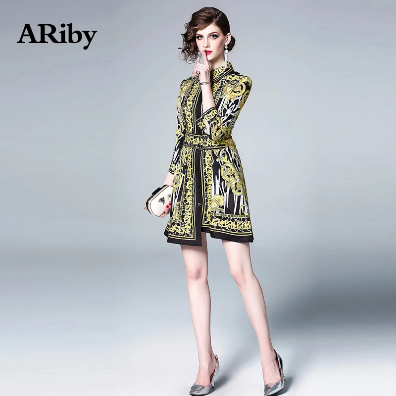 

ARiby Women Elegant Vintage Printed Mini Dress 2019 Spring Summer New Fashion Court Totem Three Quarter Sleeve Slim A-Line Dress