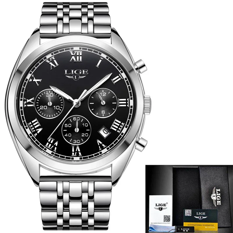 Мужские часы люксовый бренд LIGE многофункциональные мужские спортивные кварцевые часы мужские Водонепроницаемые кожаные деловые часы мужские наручные часы+ коробка - Цвет: steel silver black