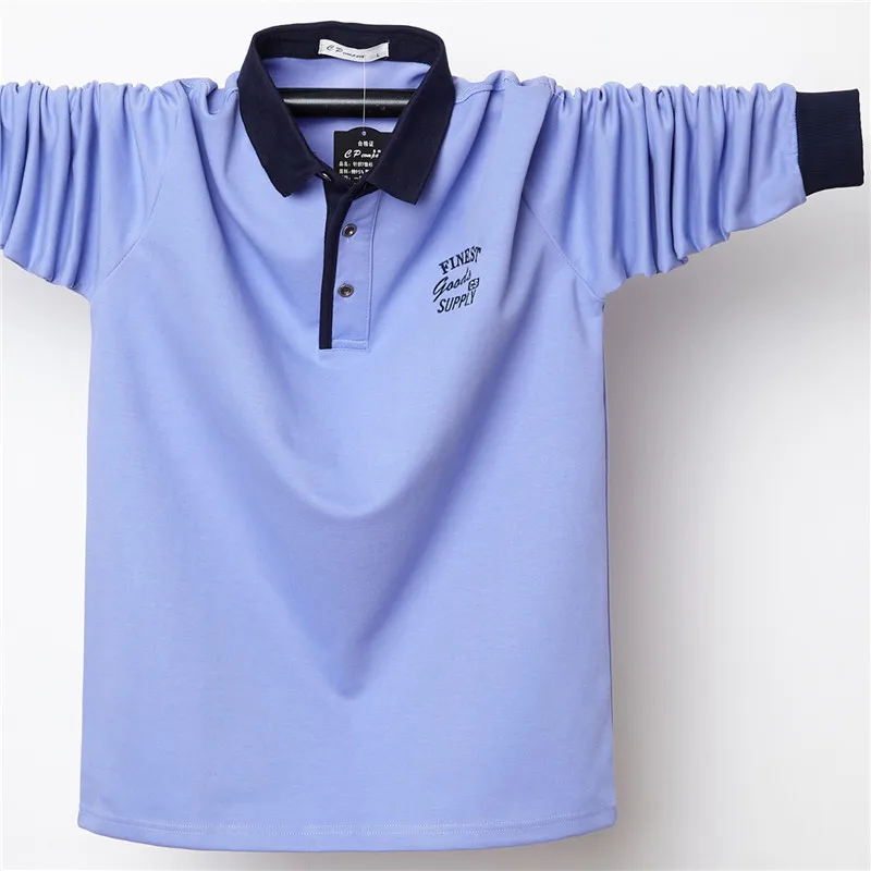 Плюс размер 5XL мужские футболки осенние с длинным рукавом с отложным воротником рубашки поло мужские деловые рабочие повседневные хлопковые - Цвет: Небесно-голубой