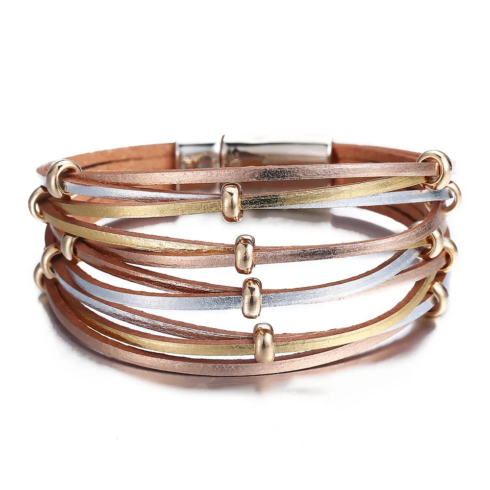 

6 Colors Multilayer Leather Bracelets for Women Femme Crystal Metal Beads Charm Bohemian Wrap Bracelet Female Jewelry Gift