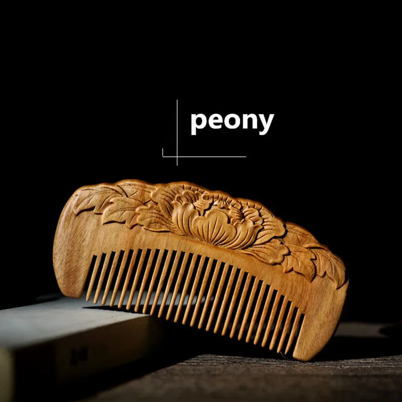 

Dongyang Wood Carving Comb Green Sandalwood Comb Hair Comb Rich Peony Craft Gift Comb Anti-static Baby Hair Care