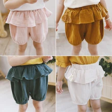 Новые летние для маленьких девочек Однотонные шорты детские дышащие хлопковые и льняные милые штаны
