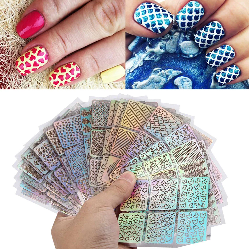 18 Sheets Hot nail stamping plates Hollow Irregular Grid Stencil
