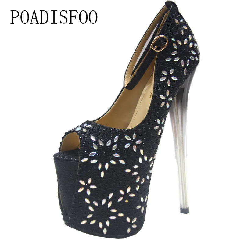 

POADISFOO Women Sexy Pumps ultra-high Stiletto 20cm Rhinestone Sexy T Female Crystal Shoes 43 Large Size Fish MJL-6678-11