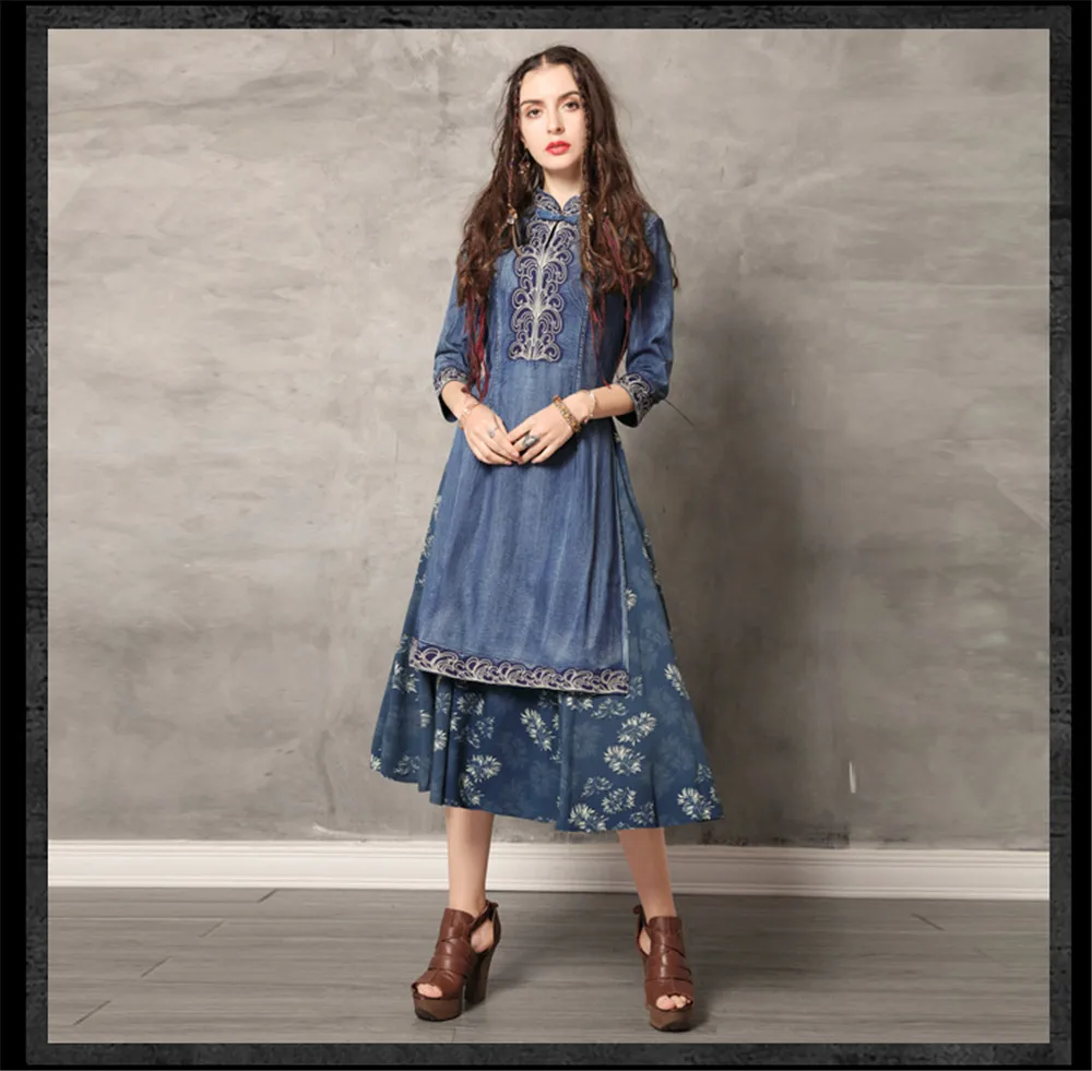 Vintage Cheongsam Summer Dress 2019 Denim Women Dresses Mandarin Collar 34 Sleeve Flower Embroidery Dress A82136 Vestidos (11)