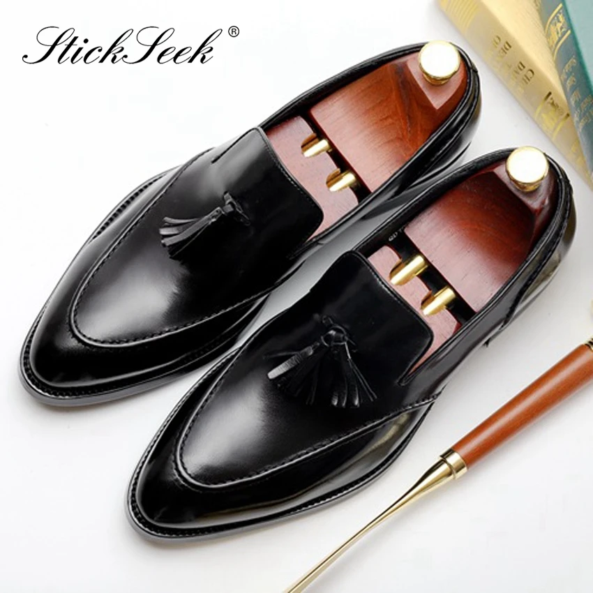 Classic Genuine Leather Formal Dress Men's Tassels Shoes Pointed Toe Slip on Handmade Comfortable Casual Loafers For Male SG145 | Обувь