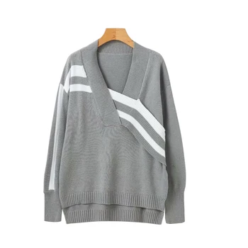 

Casual Women Autumn Knitting Long Sleeve Pullovers Sweater Front Asymmetric Striped Kntting Hemline Split Long Sleeve Sweater