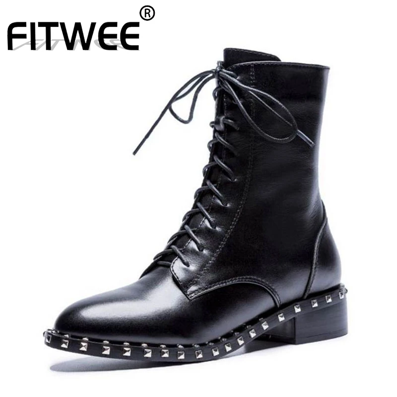 

FITWEE Flats Boots Women Genuine Leather Lace Up Warm Winter Shoes Women Add Fur Fashion Rivets Zipper Footwear Size 33-40