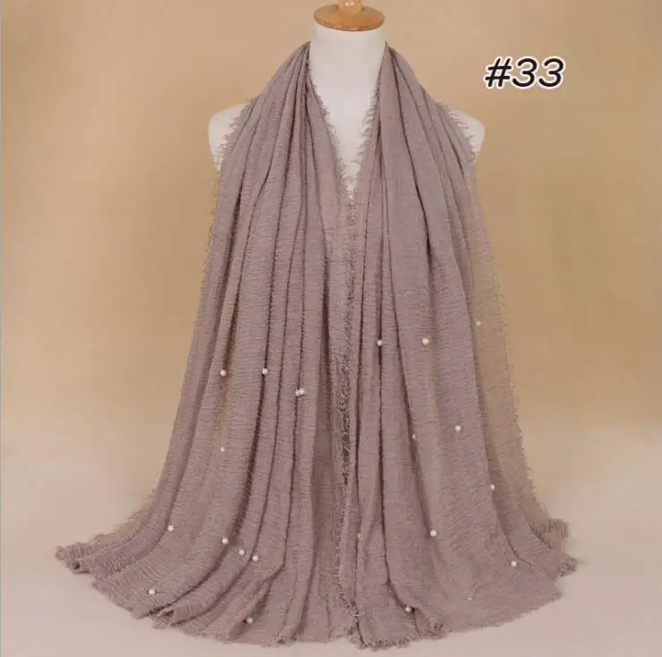 Мусульманский женский однотонный шарф-хиджаб, Женский хлопковый высококачественный платок с жемчугом, зимние шали 190x100 см - Цвет: 33 lit rubber purple