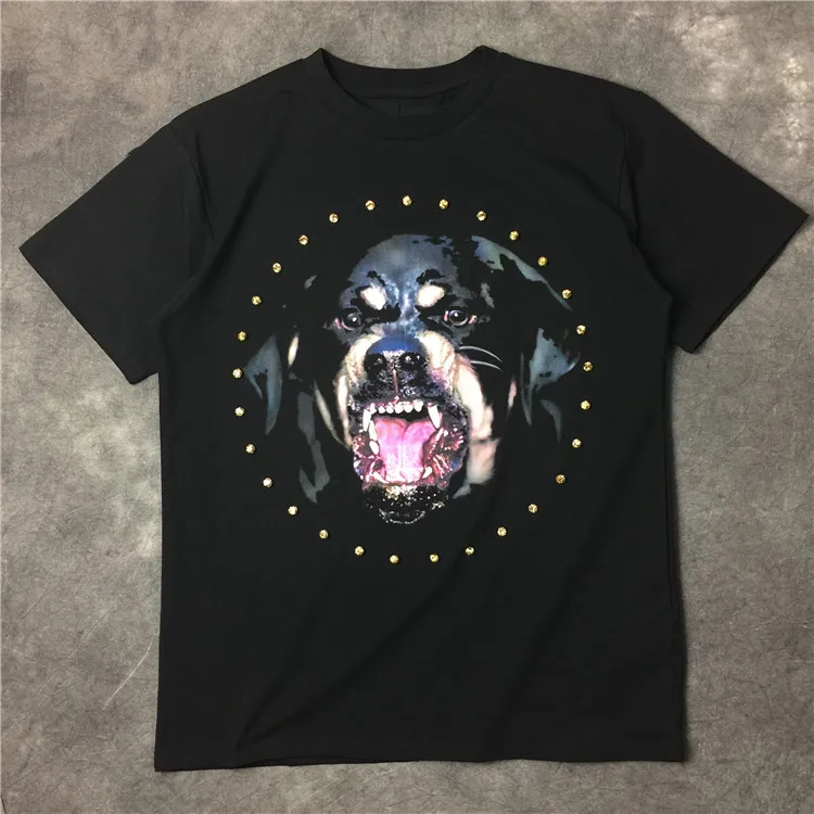 

2018 spring new fashion tees Rottweiler Dog print diamond tee t shirt for men women black color cotton
