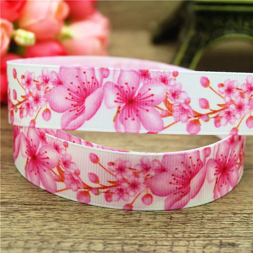 DHK 7/8'' Flowers Cherry Printed Grosgrain Ribbon Accessory Material Headwear DIY Decoration 22mm S759