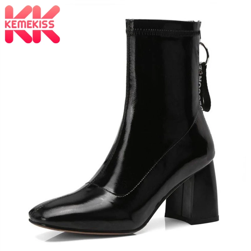 

KemeKiss Patent Leather Ankle Boots For Women Fashion High Quality Zipper Stretch Boots Winter Daily High Heel Boots Size 34-39