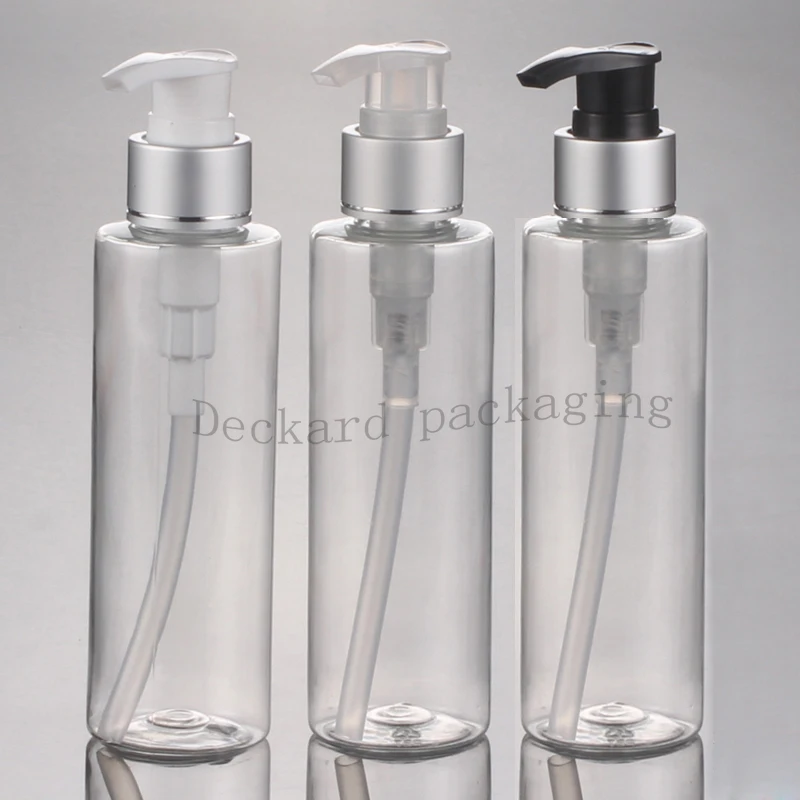 

150ml empty lotion pump plastic bottles with aluminum dispenser shampoo packaging , transparent plastic bottle for liquid soap