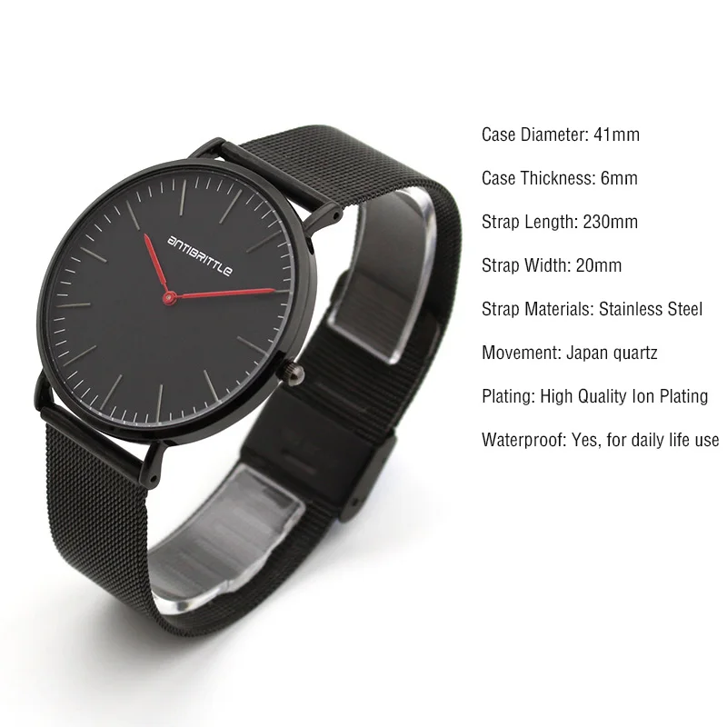 

zegarki meskie simple Ultrathin black Watch men Mesh Steel Strap Wristwatches red 2 hands Dial Quartz mens Watches Montre Homme