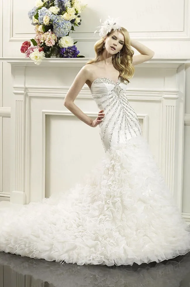 Free Shipping 2014 Luxurious Fishtail Sweetheart Sweep Train Organza Rhinestone font b Wedding b font font
