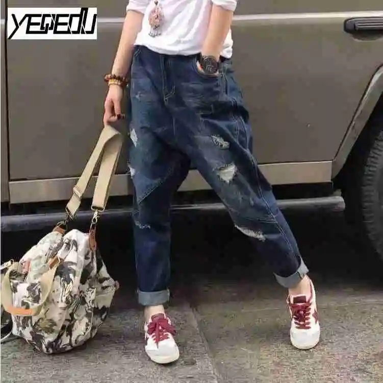 1730 2017 Ripped jeans for women Vintage Cuffs Wiht pockets Denim Distressed Harem jeans Wide