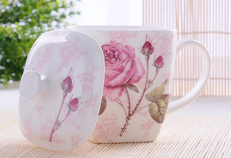 

500ML Cute floral rose bone china breakfast nespresso mug, creative flower designed, enamel mug, ceramic coffee cup, with lid