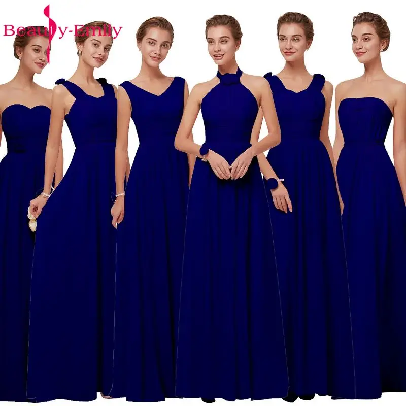 Королевские синие шифоные платья для подружек невесты Длинные женские трапеция