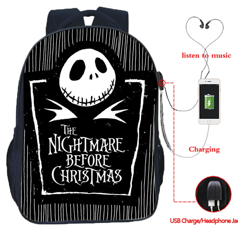 The Nightmare Before Christmas Backpack USB Charging Backpack Jack Skellington School Bag Backpacks Multifunctional Travel Bags - Цвет: 9