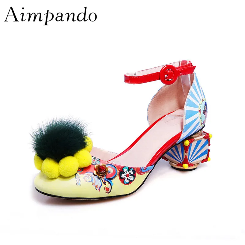 

Retro Style Graffiti Gladiator Sandals Ankle Strap Round Cover Toe Metal Flower Pompoms Shallow Sandalias