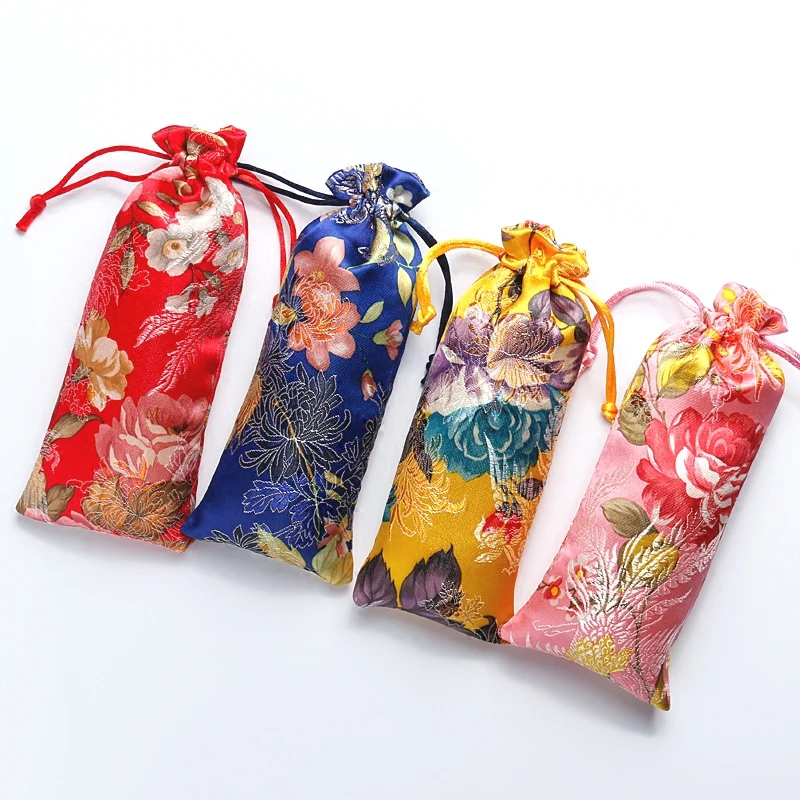 

Lengthen Flower Drawstring Pouch Brocade Bag Chinese Silk Fabric Gift Bag Pouches Wood Comb Jewelry Necklace Storage Bag 50pcs/