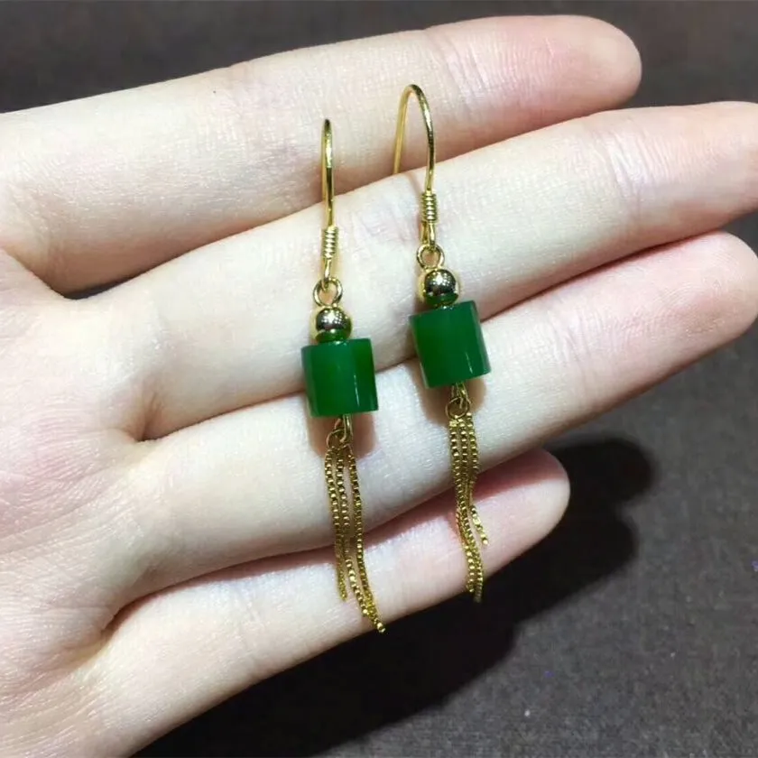 S925 Серебряный паркет и Hetian jade Jasper 7 мм цилиндрическая циркуляция ушей su серьги