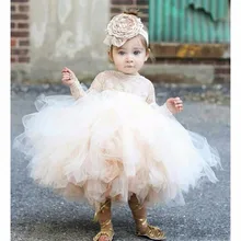 Длинный рукав шампанского; пышное платье для маленьких девочек; кружевное фатиновое платье-пачка с цветочным узором для девочек