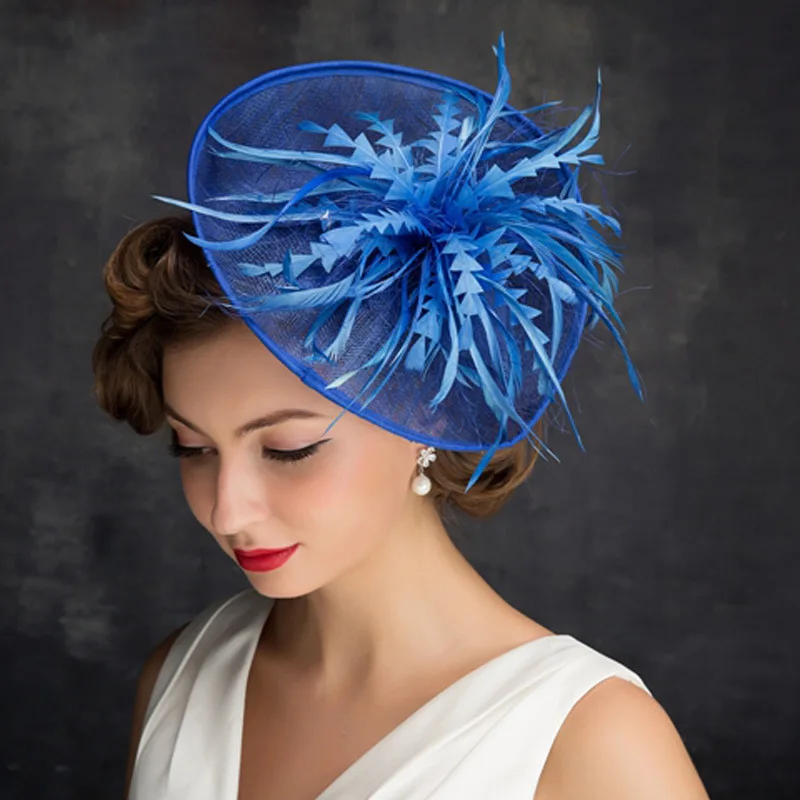 Новый синий шляпа Британский шляпа свадебный головной убор сетки перо чистая шляпа и простой головной убор