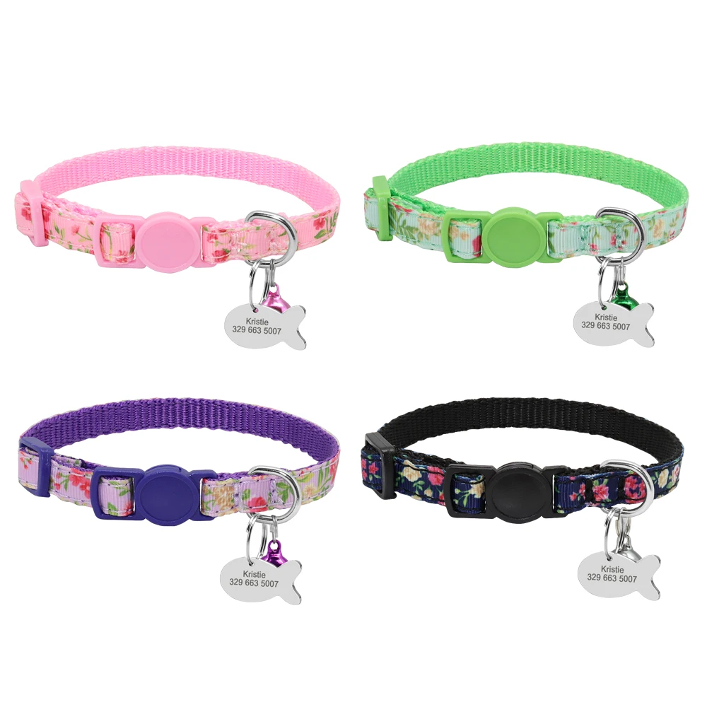 Personalized Cat ID Tag Collar Quick Release Pet Puppy Kitten Collars With Bell Safety Adjustable For Small Dogs Cats Pets Pink