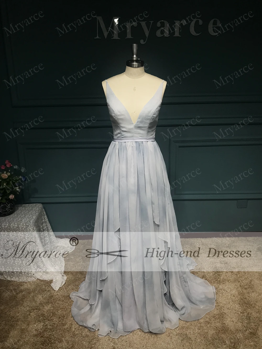 Mryarce 2019 Limited Gray and Blue Printed Silk Chiffon Wedding Dress Hand-painted Fancy Open Back Bridal Gowns  (3)