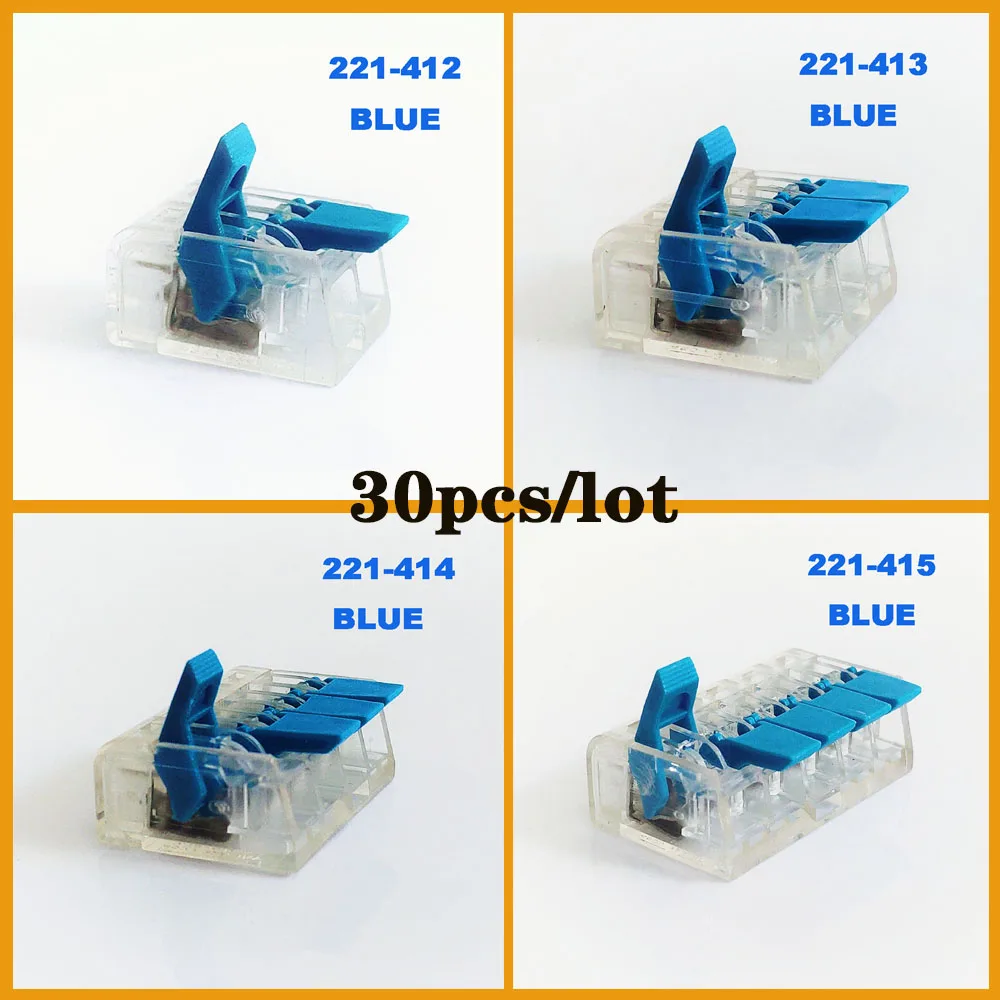 

Wire power Connector 221 series 30pcs WAGO type fast wire Connectors blue color Universal Compact plug in push-in Terminal Block