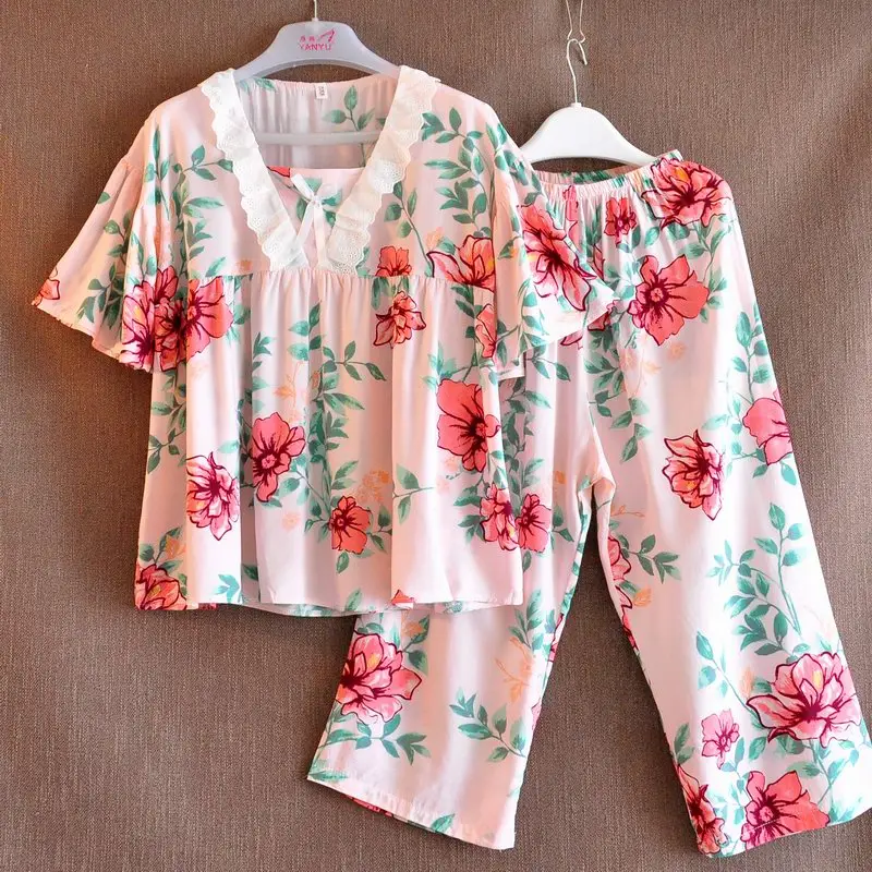 

Pink Palm Leaf Noil Poplin Pajama Set Women Summer Home Wear Two Pieces Sleepwear Set Black Peony Pyjamas pijamas mujer
