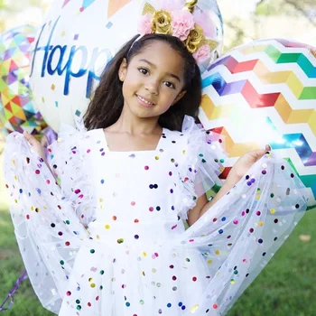 

Roimyal Wholesale 2019 Summer girls baby flying sleeves color sequins dot dress princess gauze pettidress free shipping
